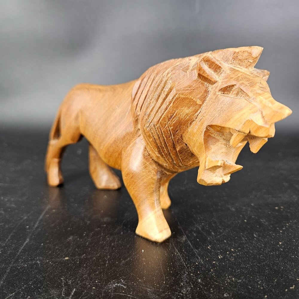 Hand Carved Wood Lion Roaring Big Cat Animal Safari Jungle Rustic Decor Art 9.5"